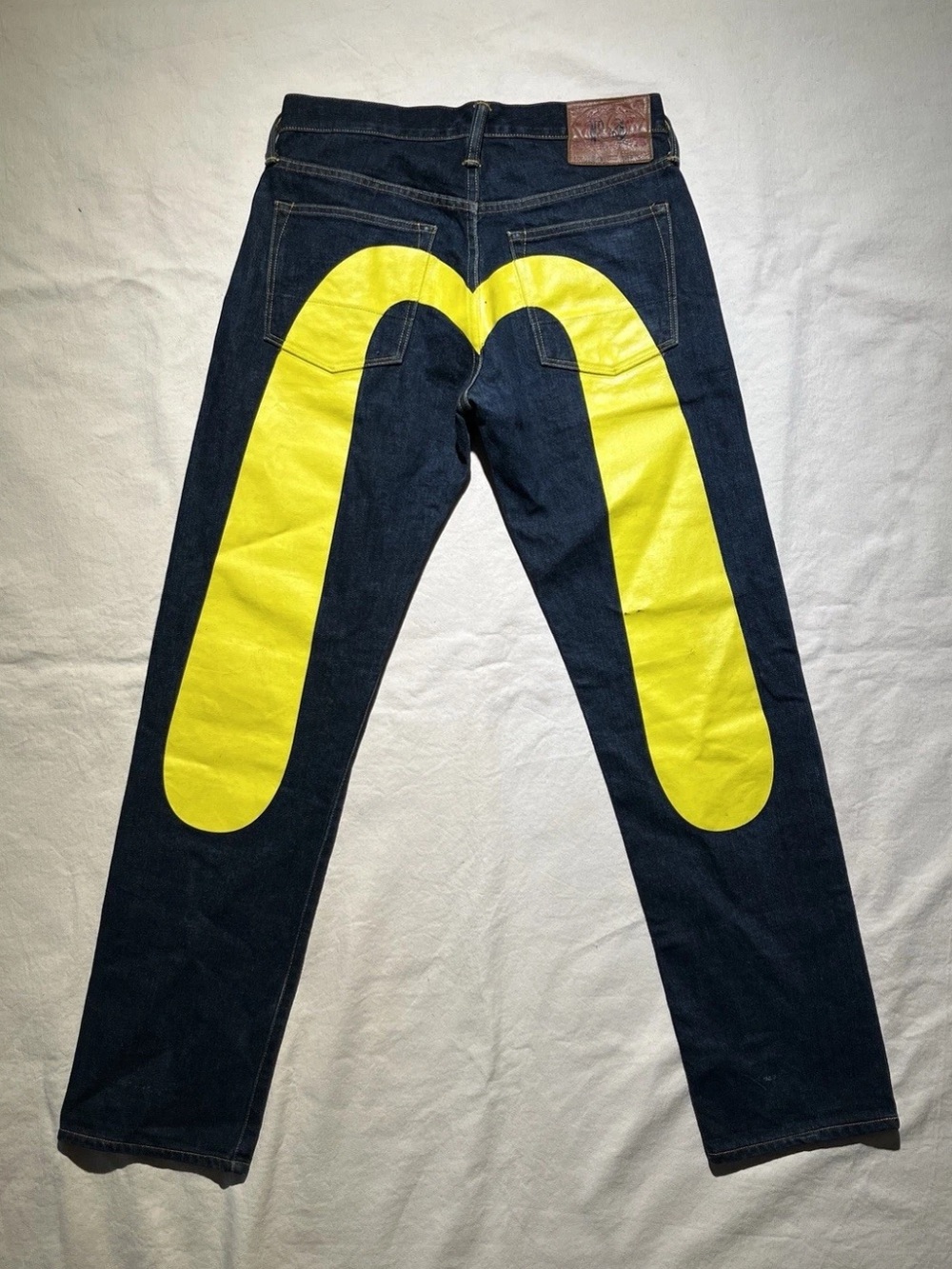 24 hr sale - EVISU Jeans No.4 Daicock Yellow Seagull Paint 30x32 Denim